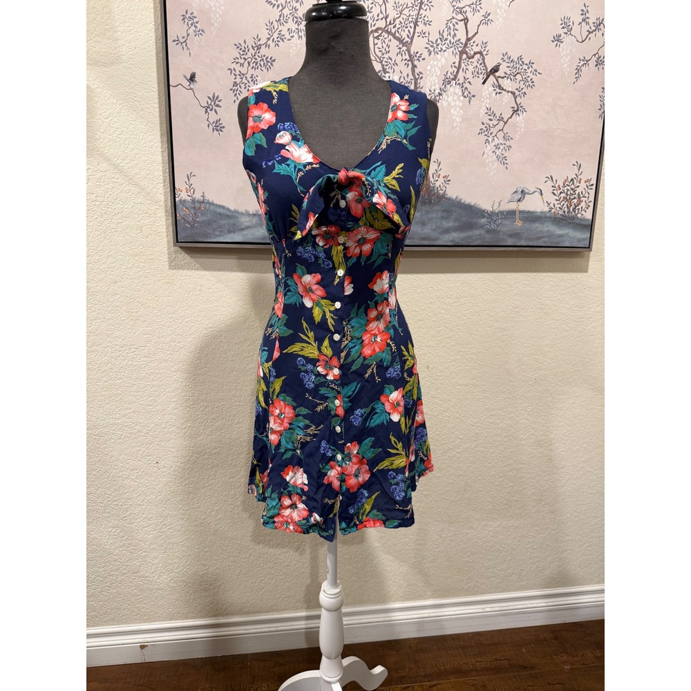 Vintage Gap Navy Blue Floral Rayon Tie Front Button Down Mini Dress Womens Small